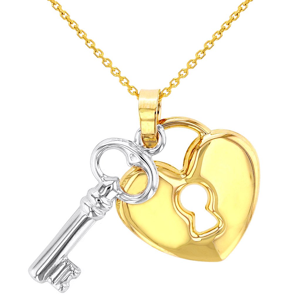 Polished 14K Yellow Gold Heart with White Gold Love Key Pendant with Cable, Curb, or Figaro Chain Necklaces