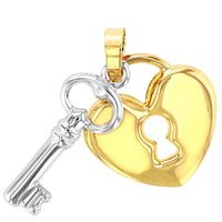 Load image into Gallery viewer, Polished 14K Yellow Gold Heart with White Gold Love Key Pendant with Cable, Curb, or Figaro Chain Necklaces
