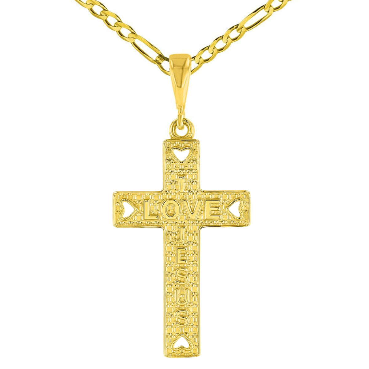 14K Gold I Love Jesus Cross Charm Pendant Figaro Chain Necklace - Yellow Gold