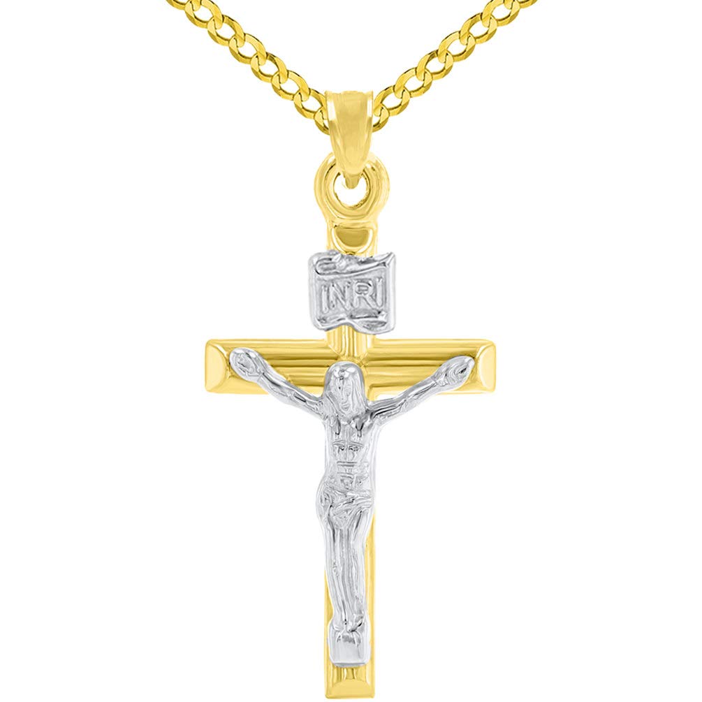 14K Yellow Gold INRI Cross with White Gold Jesus Crucifix Pendant Cuban Necklace