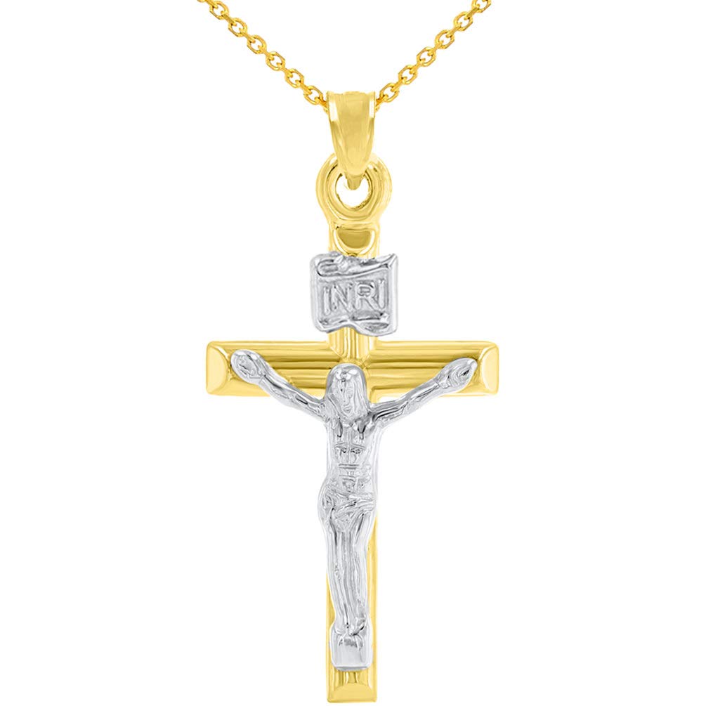 14K Yellow Gold INRI Cross with White Gold Jesus Crucifix Pendant Necklace