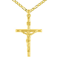 Load image into Gallery viewer, 14K Yellow Gold INRI Crucifix Tubular Simple Polished Cross Pendant with Figaro Chain Necklace
