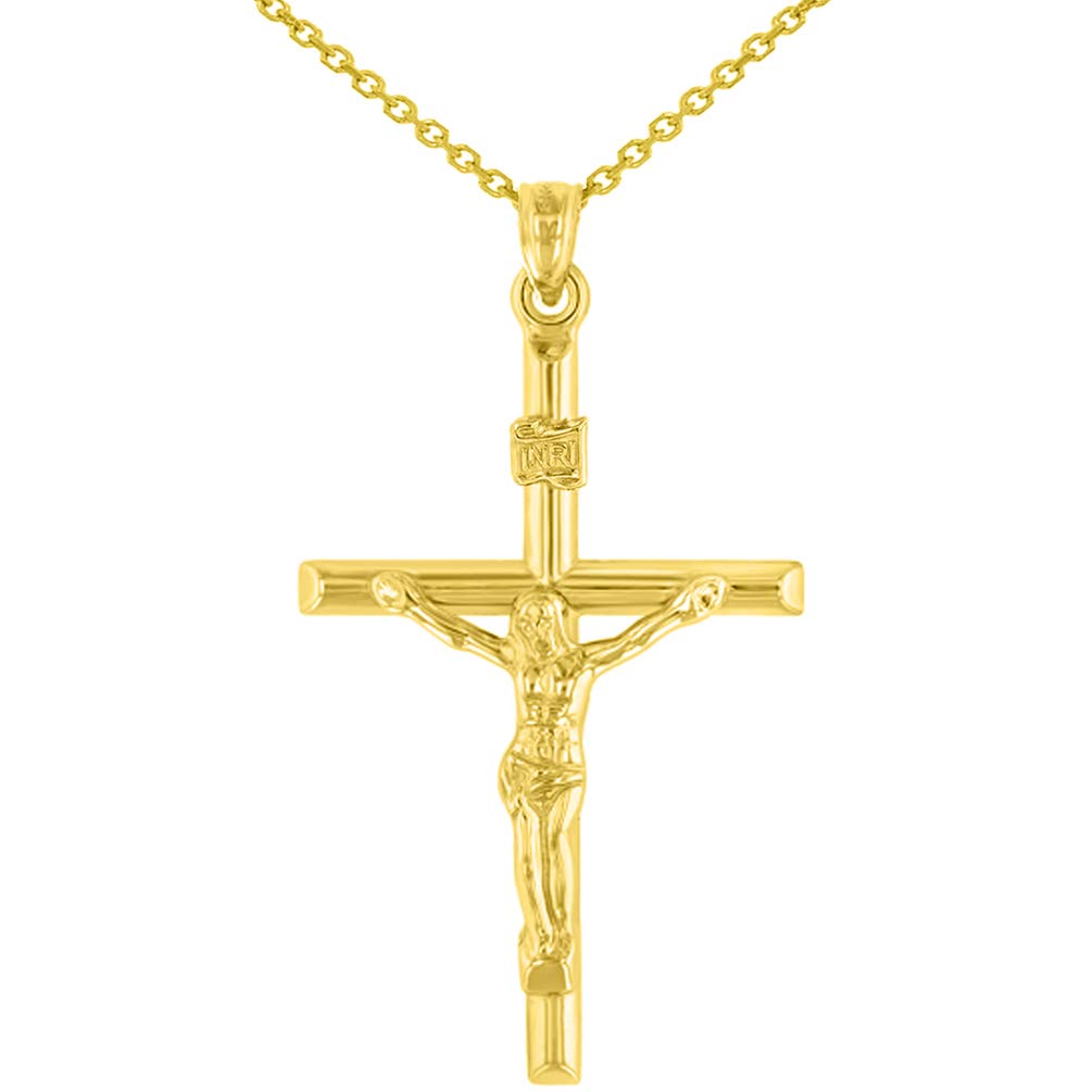 14K Yellow Gold INRI Crucifix Tubular Simple Polished Cross Pendant Necklace