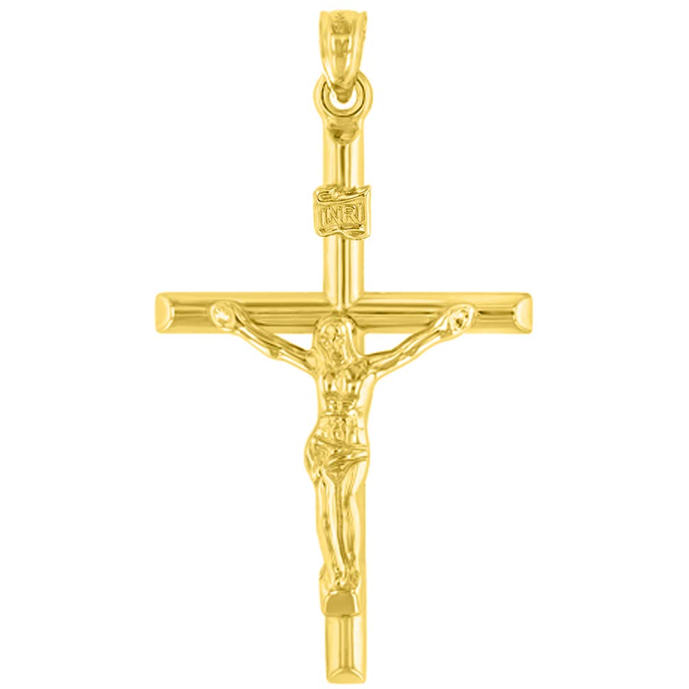 14K Yellow Gold INRI Crucifix Tubular Simple Polished Cross Pendant