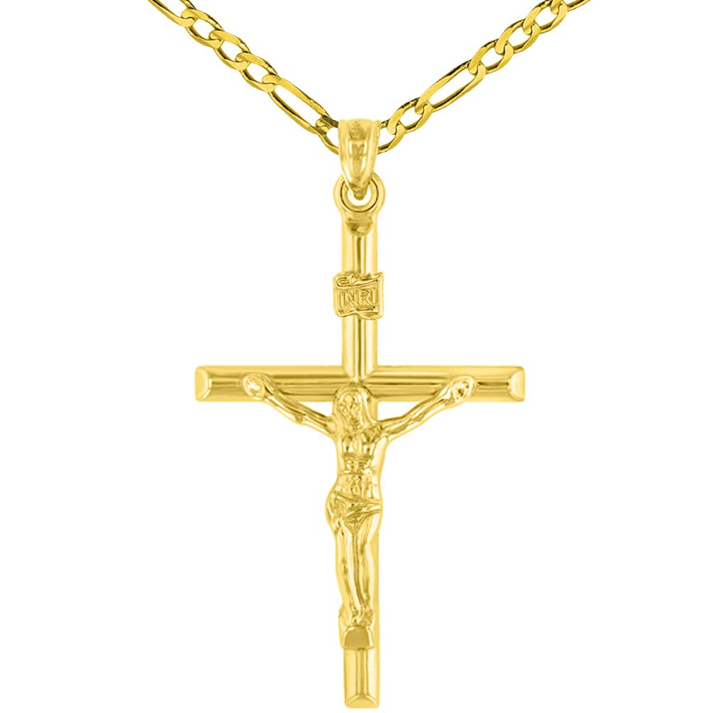 14K Yellow Gold INRI Crucifix Tubular Simple Polished Cross Pendant with Figaro Chain Necklace