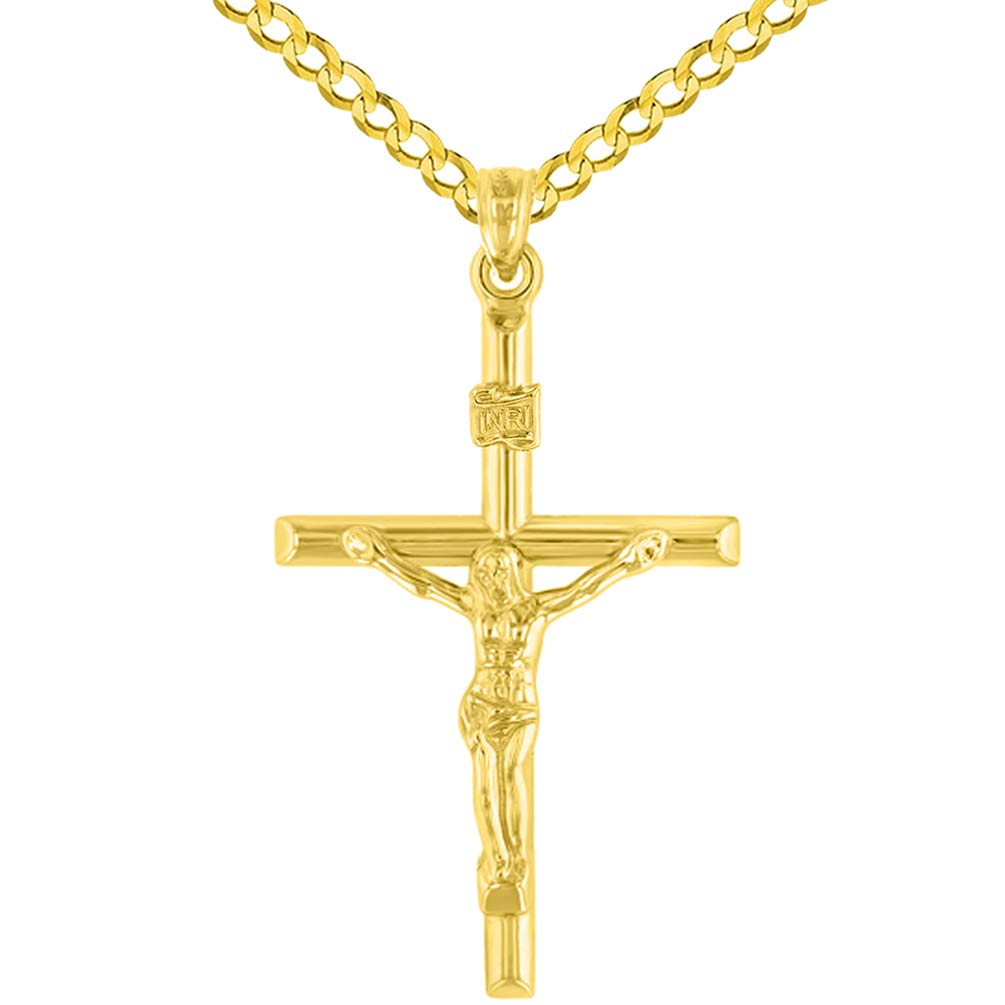14K Yellow Gold INRI Crucifix Tubular Simple Polished Cross Pendant with Curb Chain Necklace
