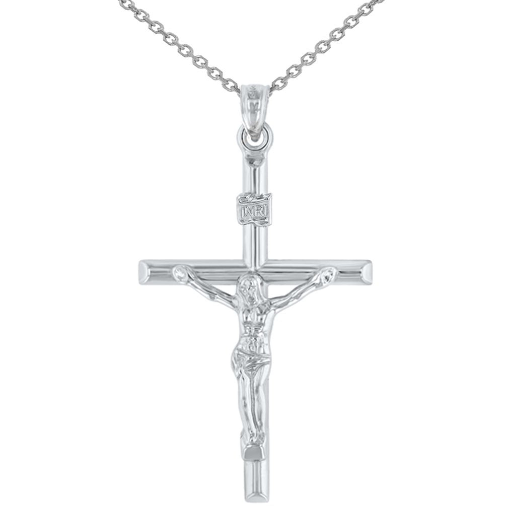 14K White Gold INRI Crucifix Tubular Simple Polished Cross Pendant Necklace