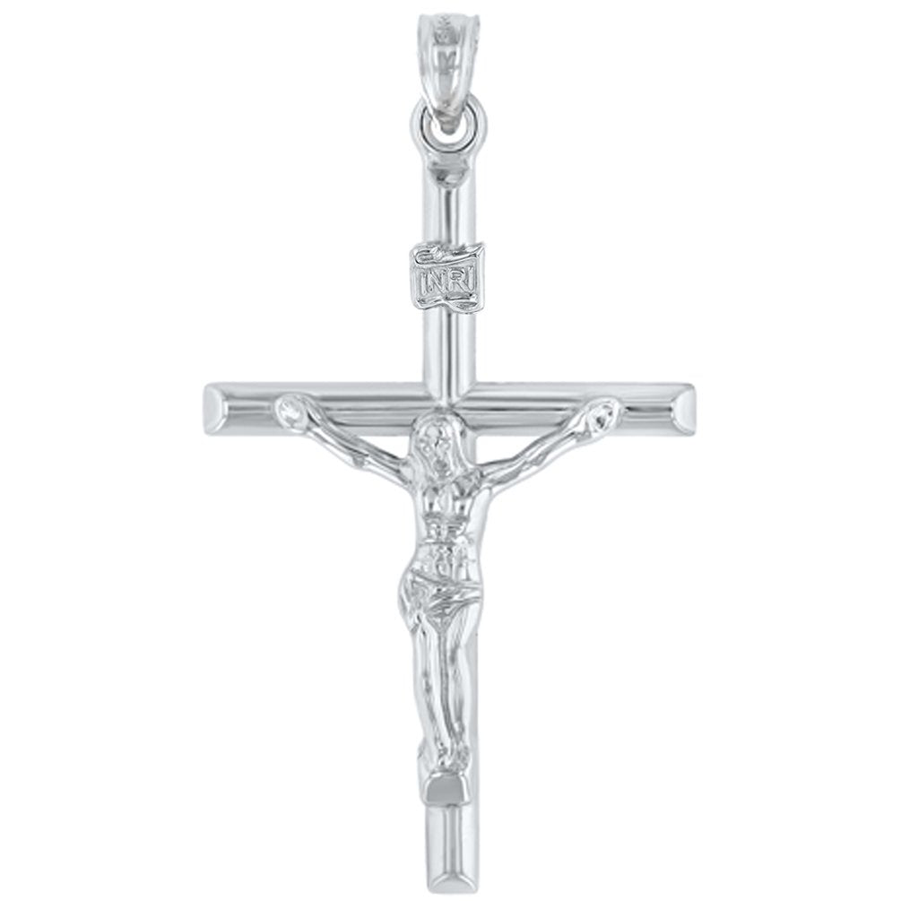 14K White Gold INRI Crucifix Tubular Simple Polished Cross Pendant