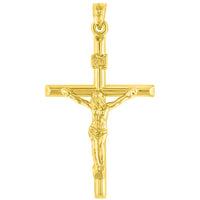 Load image into Gallery viewer, 14K Yellow Gold INRI Crucifix Tubular Simple Polished Cross Pendant with Figaro Chain Necklace
