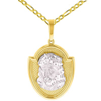 Load image into Gallery viewer, 14K Gold Jesus Christ Medal God Bless Us Pendant with Figaro Chain Necklace - Two Tone Gold

