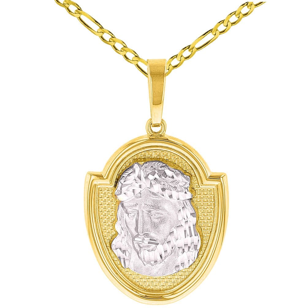 14K Gold Jesus Christ Medal God Bless Us Pendant with Figaro Chain Necklace - Two Tone Gold
