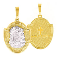 Load image into Gallery viewer, 14K Gold Jesus Christ Medal God Bless Us Pendant with Figaro Chain Necklace - Two Tone Gold
