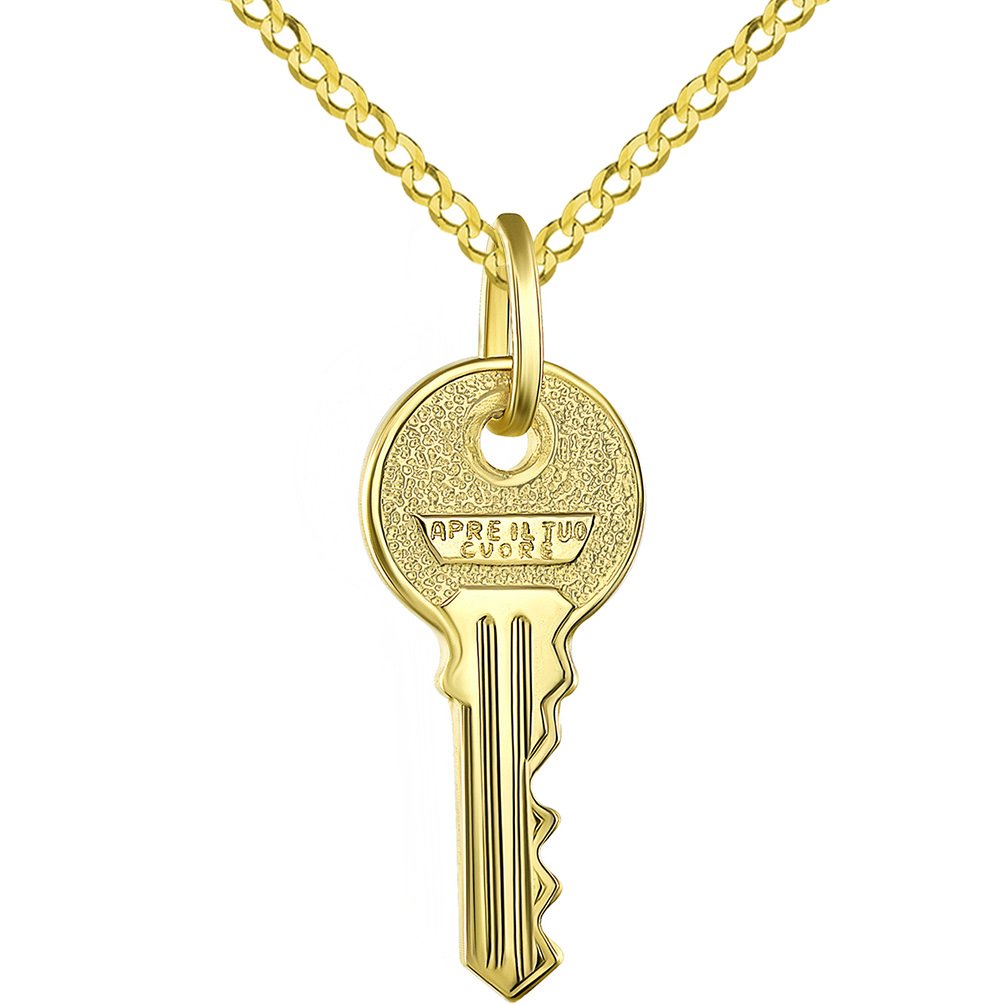 Solid 14K Yellow Gold Key with Apre il Tuo Cuore Charm Open Your Heart Pendant with Cuban Chain Necklace