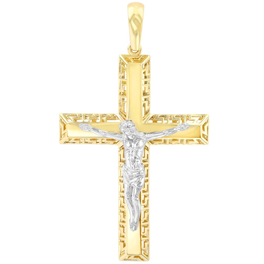 14K Two-Tone Gold Large Cross Greek Key Pattern Crucifix Pendant