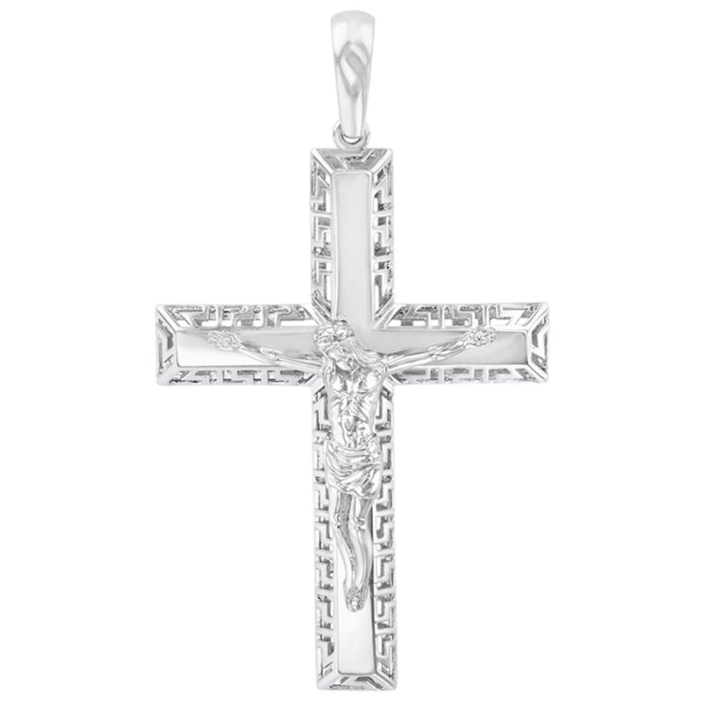 14K White Gold Large Cross Greek Key Pattern Crucifix Pendant