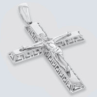 Load image into Gallery viewer, 14K White Gold Large Cross Greek Key Pattern Crucifix Pendant
