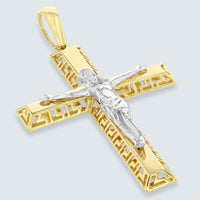 Load image into Gallery viewer, 14K Two-Tone Gold Large Cross Greek Key Pattern Crucifix Pendant

