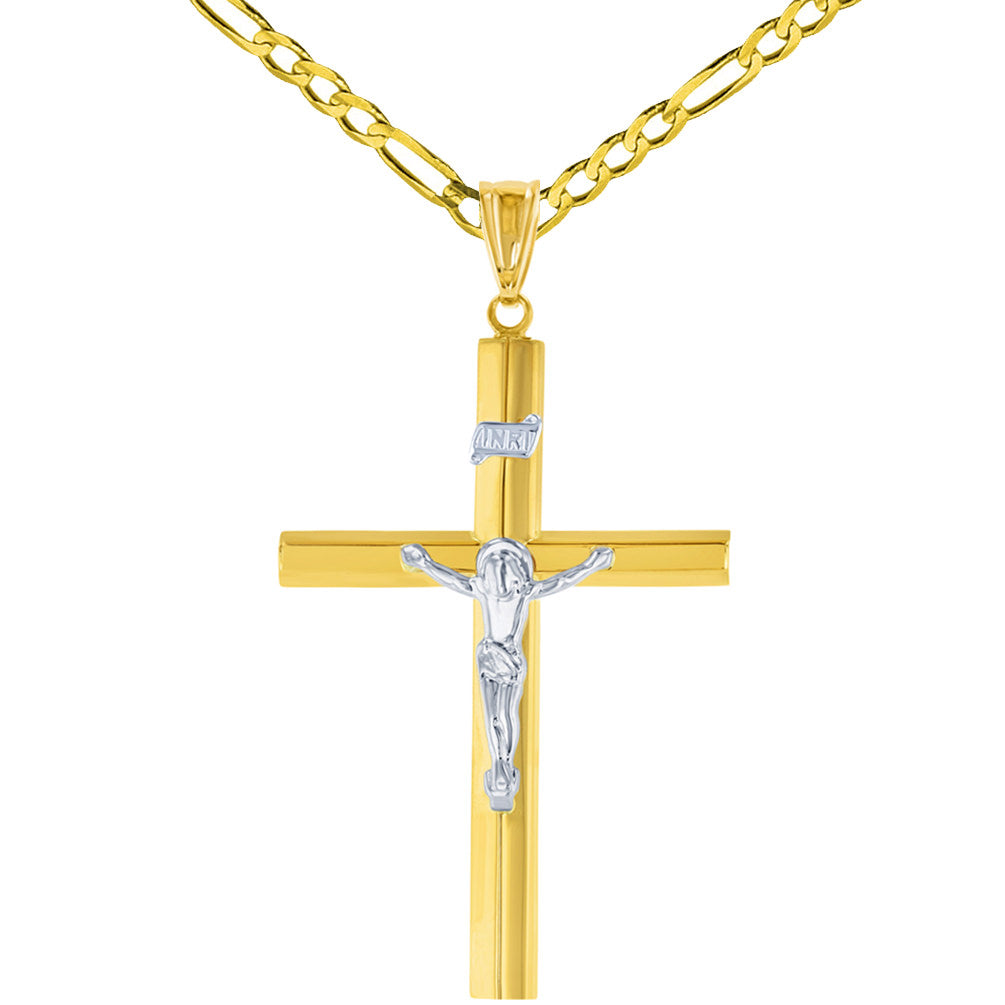 14K Yellow Gold & White Gold Large Tube Crucifix Six Sided Cross Pendant Necklace