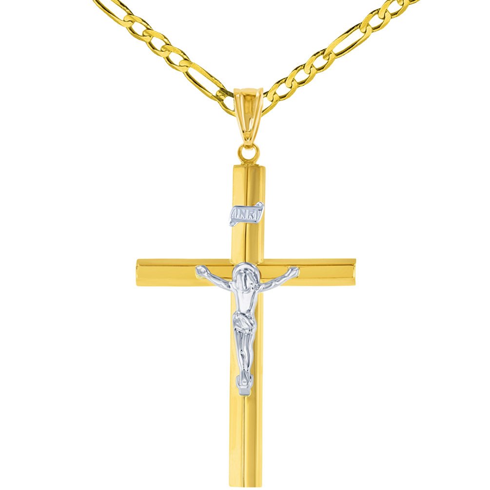 14K Gold Large Tube Crucifix Six Sided Cross Pendant Necklace - Yellow & White Gold