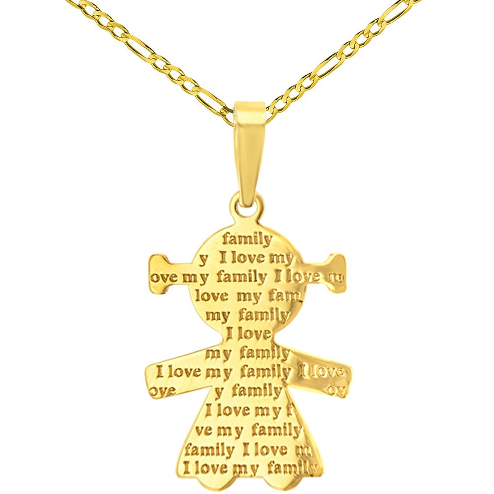 14K Gold Little Girl Charm with I Love My Family Engraved Script Pendant Figaro Chain Necklace - Yellow Gold