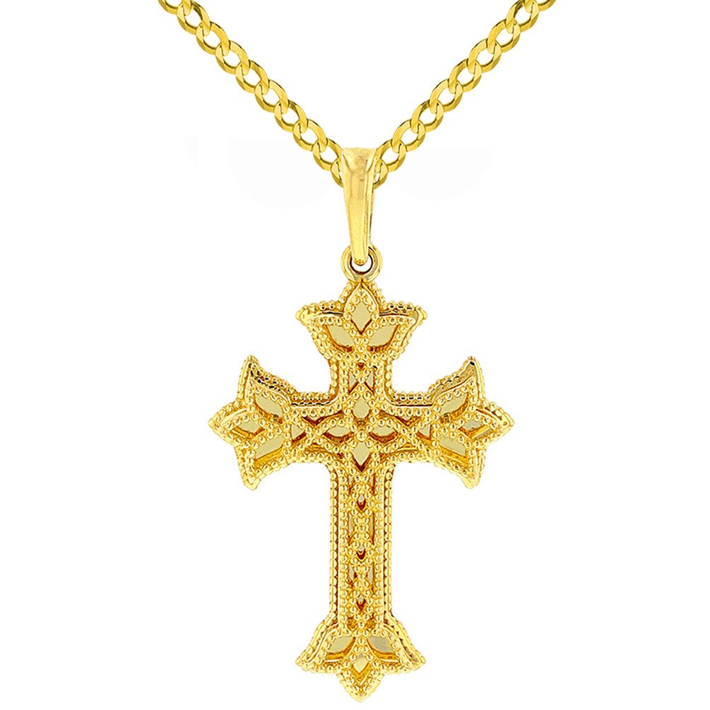 14K Yellow Gold Milgrain Edged Elegant Trefoil Cross Pendant with Cuban Chain Necklace