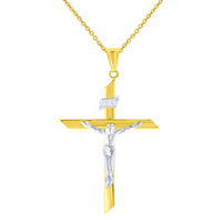 Load image into Gallery viewer, 14K Two-Tone Gold Passion Cross with Jesus Christ Crucifix Pendant with Cable, Curb, or Figaro Chain Necklace
