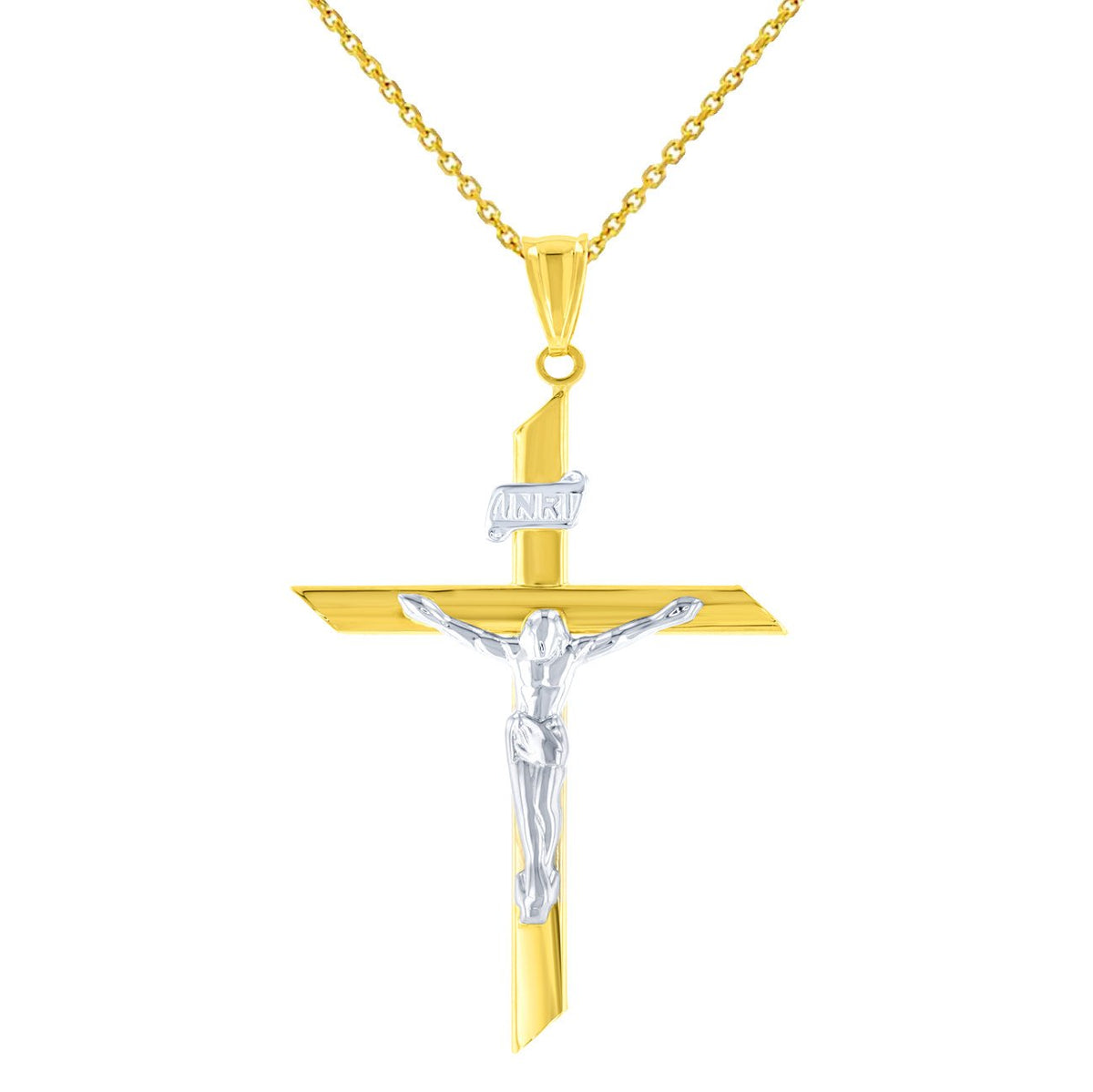 14K Two-Tone Gold Passion Cross with Jesus Christ Crucifix Pendant with Cable, Curb, or Figaro Chain Necklace