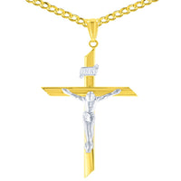 Load image into Gallery viewer, 14K Two-Tone Gold Passion Cross with Jesus Christ Crucifix Pendant with Cable, Curb, or Figaro Chain Necklace
