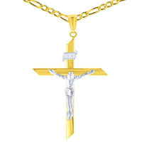 Load image into Gallery viewer, 14K Two-Tone Gold Passion Cross with Jesus Christ Crucifix Pendant with Cable, Curb, or Figaro Chain Necklace
