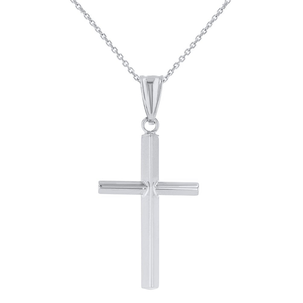 High Polished 14K Gold Plain Slender Cross Pendant with Chain Necklace - White Gold