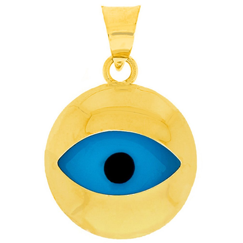 14K Yellow Gold Plain and Simple Blue Eye Evil Eye Charm Pendant