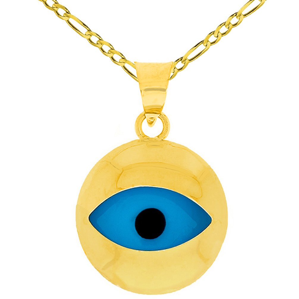 14K Yellow Gold Plain and Simple Blue Eye Evil Eye Charm Pendant Figaro Chain Necklace