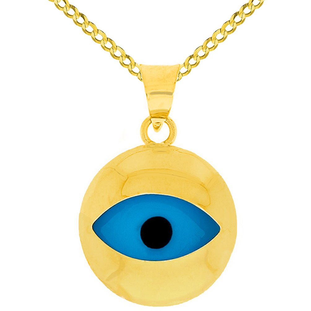 14K Yellow Gold Plain and Simple Blue Eye Evil Eye Charm Pendant Cuban Chain Necklace