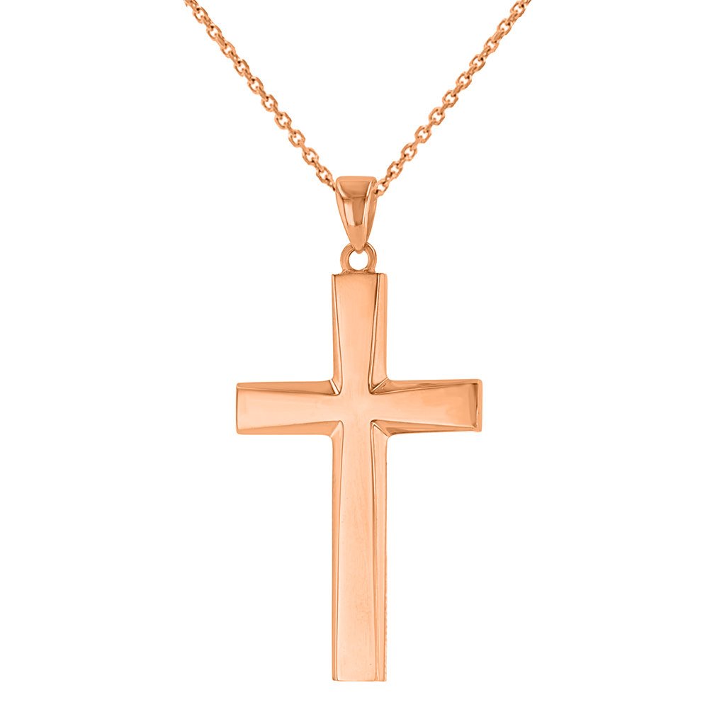 14K Gold Plain and Simple Religious Cross Pendant Necklace - Rose Gold