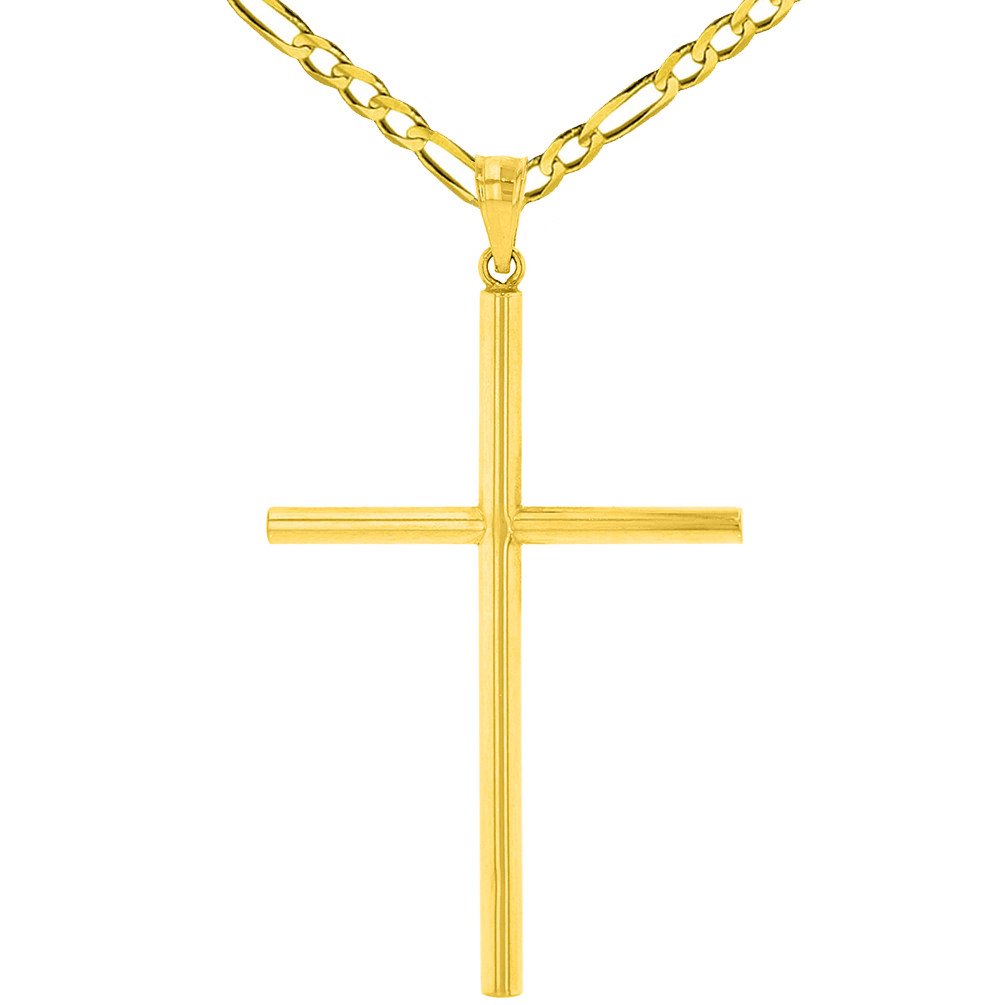 14K Gold Polised Large Plain Tube Cross Pendant with Figaro Chain Necklace - Yellow Gold