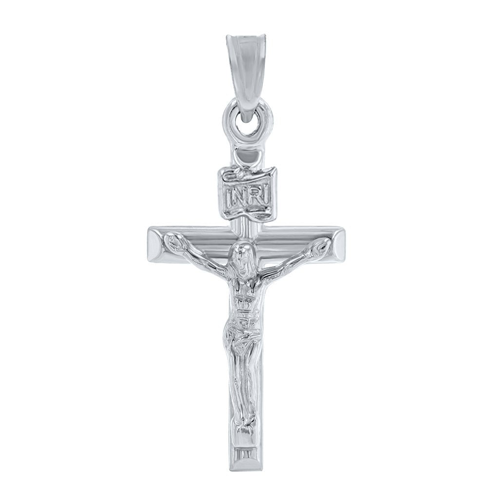 14K White Gold Polished INRI Crucifix Tubular Mini Cross Pendant