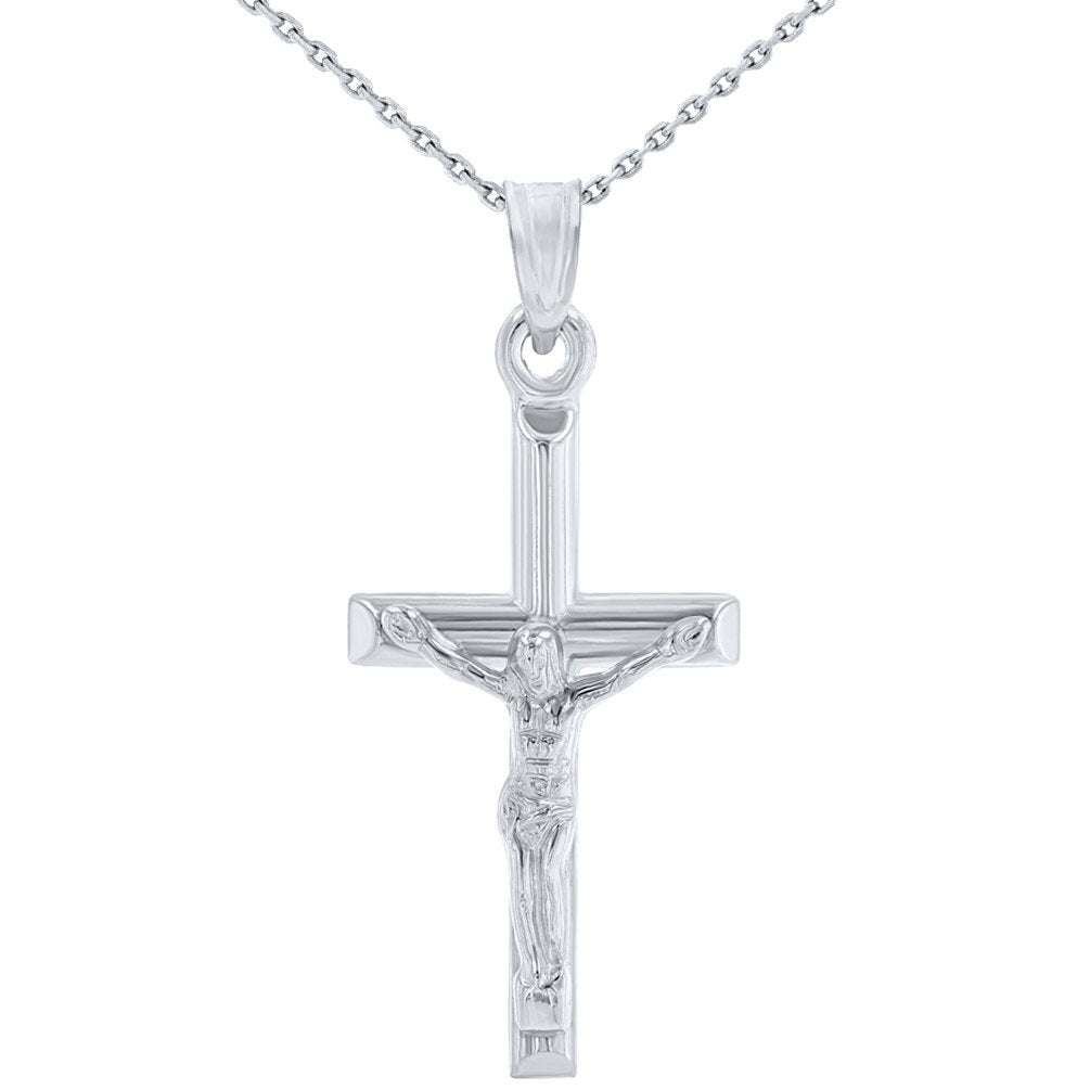14K White Gold Polished Religious Cross Tubular Crucifix Pendant Necklace