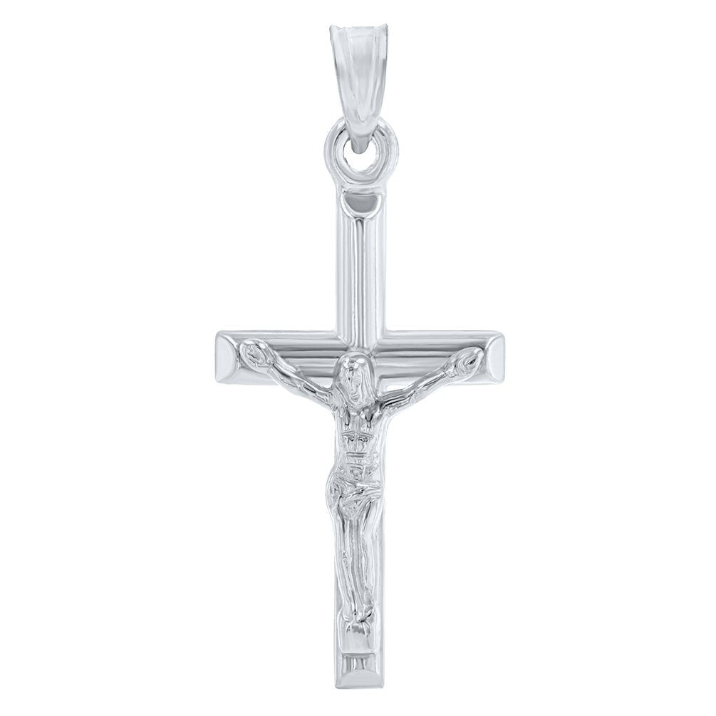 14K White Gold Polished Religious Cross Tubular Crucifix Pendant