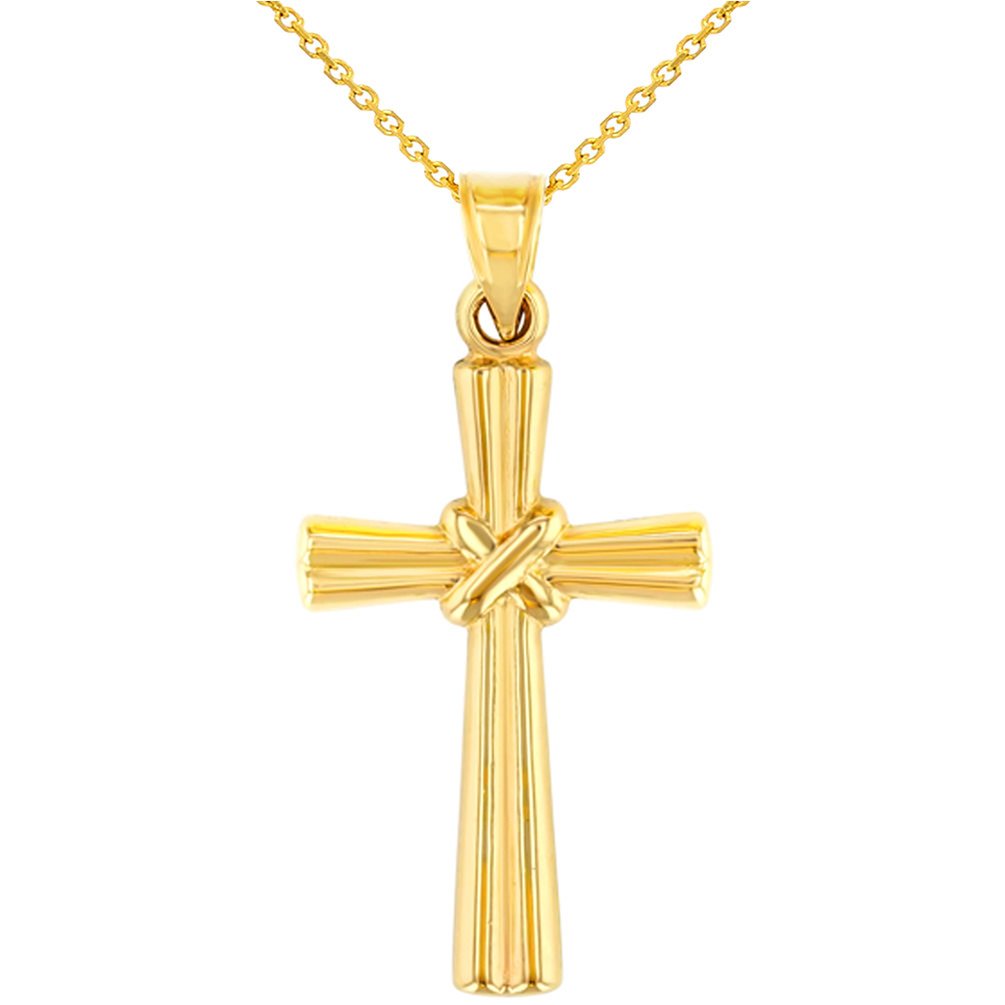 14K Yellow Gold Polished Ribbed Cross with Knot Pendant Necklace