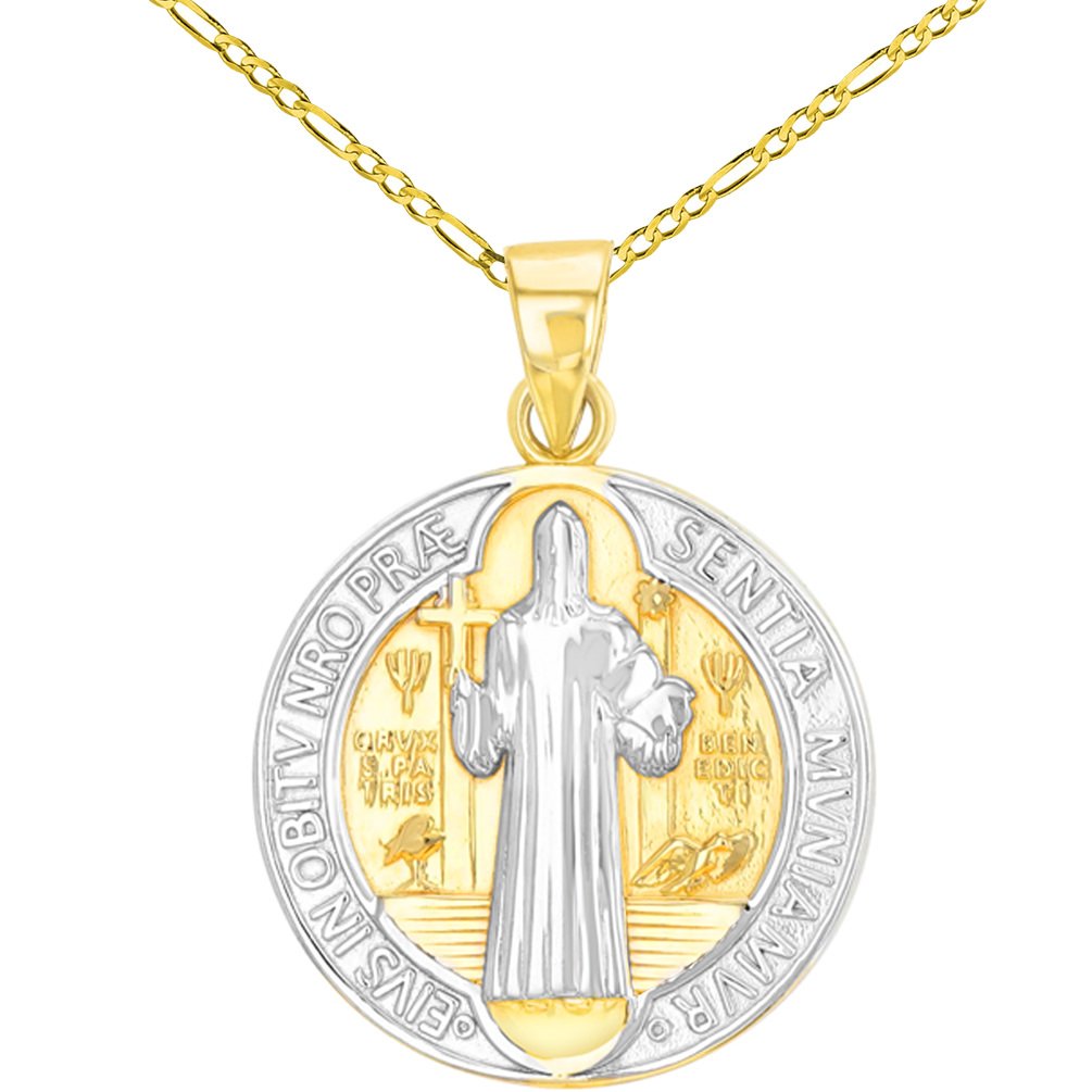Solid 14K Gold Polished St Benedict Medal Charm Saint Pendant Figaro Chain Necklace - Yellow Gold