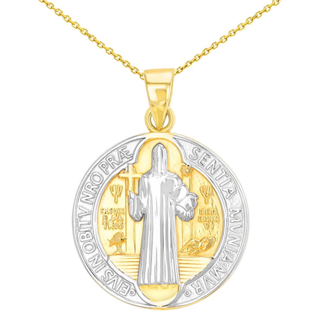 Solid 14K Yellow Gold Polished St Benedict Medal Charm Saint Pendant with Cable, Curb, or Figaro Chain Necklaces