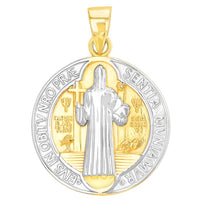 Load image into Gallery viewer, Solid 14K Yellow Gold Polished St Benedict Medal Charm Saint Pendant with Cable, Curb, or Figaro Chain Necklaces

