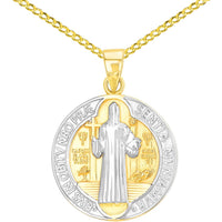 Load image into Gallery viewer, Solid 14K Yellow Gold Polished St Benedict Medal Charm Saint Pendant with Cable, Curb, or Figaro Chain Necklaces
