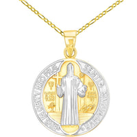 Load image into Gallery viewer, Solid 14K Yellow Gold Polished St Benedict Medal Charm Saint Pendant with Cable, Curb, or Figaro Chain Necklaces
