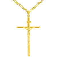 Load image into Gallery viewer, 14K Yellow Gold Polished Tubular Cross INRI Crucifix Pendant with Cuban Chain Necklace

