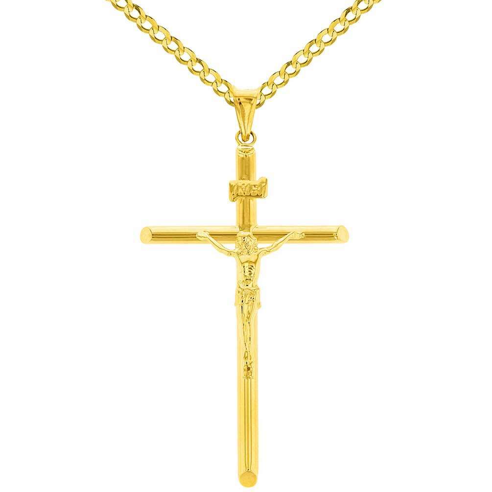 14K Yellow Gold Polished Tubular Cross INRI Crucifix Pendant with Cuban Chain Necklace