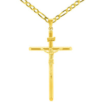 Load image into Gallery viewer, 14K Yellow Gold Polished Tubular Cross INRI Crucifix Pendant with Figaro Chain Necklace
