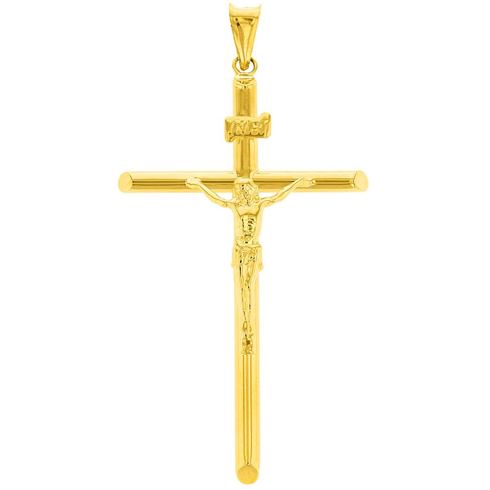 14K Yellow Gold Polished Tubular Cross INRI Crucifix Pendant, 2.18"