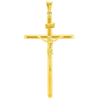 Load image into Gallery viewer, 14K Yellow Gold Polished Tubular Cross INRI Crucifix Pendant with Cuban Chain Necklace

