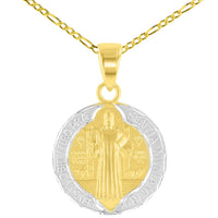 Load image into Gallery viewer, 14K Yellow Gold Polished and Satin St Benedict Medal Charm Saint Pendant Figaro Chain Necklace
